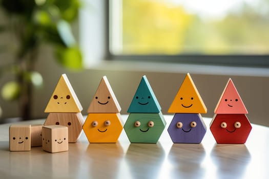 Colorful wooden toys. Wooden geometric shapes with faces on a wooden table. Wooden play set.