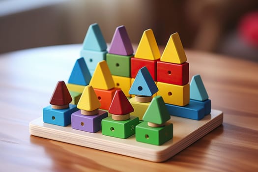 Colorful wooden toys. Wooden geometric on a wooden table. Wooden play set.