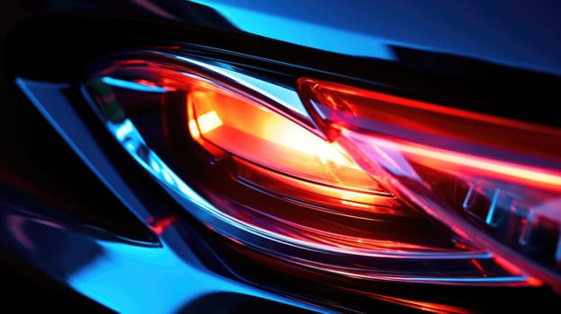 Car headlights with light rays banner. Car headlight close up. Neon background. AI