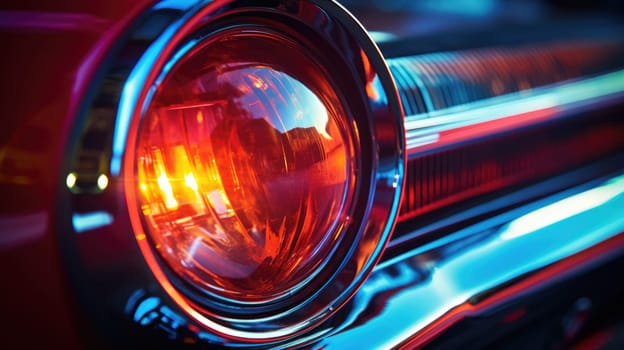 Car headlights with light rays banner. Car headlight close up. Neon background. AI