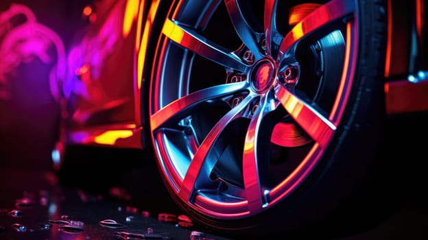 Sport car wheel with neon light. Car wheel close up. Neon background. AI