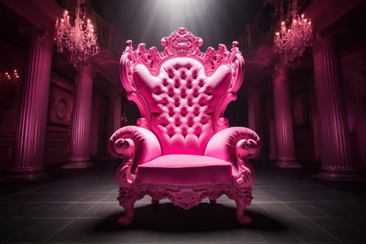 Majestic pink throne chair in a room with large columns.