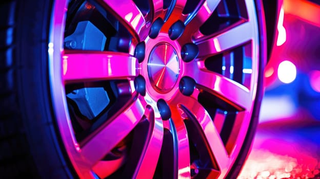 Sport car wheel with neon light. Car wheel close up. Neon background. AI