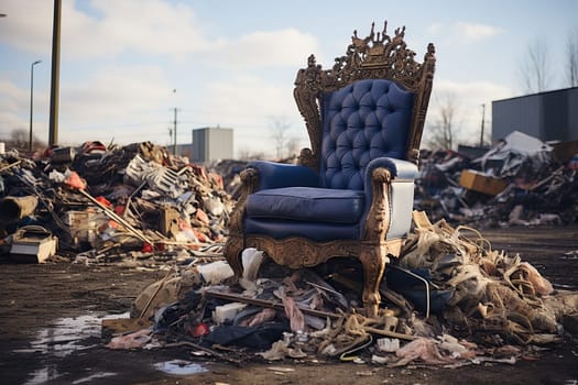 A throne chair on a pile of garbage in a landfill. Environment conservation concept, pollution concept