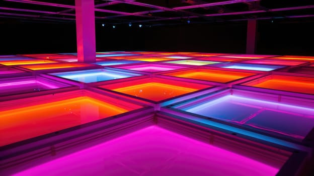 Disco style dance floor in an indoor dance hall. Colorful neon night club floor. AI