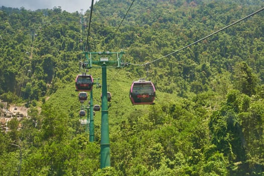 Da Nang, Vietnam - 29.06.2023: The famous and longest cable car to the French village of Ba Na Hills in Vietnam.