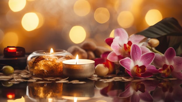 Thai massage spa objects, wellness and relaxation concept. Aromatherapy body care. Towel, burning candles, tropical flowers AI