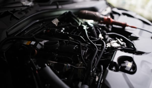 New car engine closeup. Powerful engine of modern car concept
