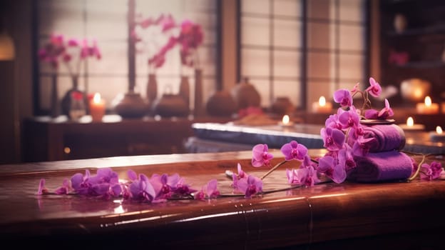 Spa salon for Thai massage interior. Blurred background. Cozy room for thai massage AI