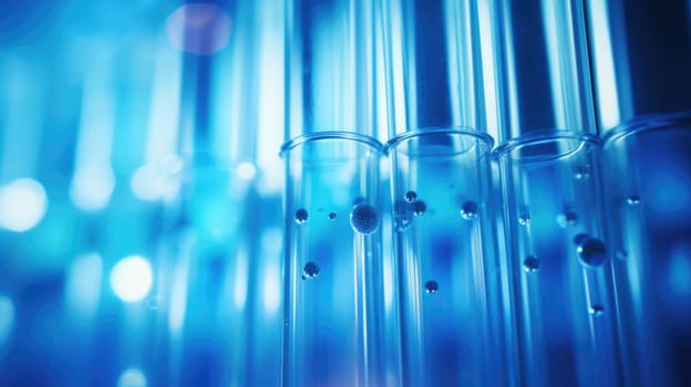 Glass test tubes with laboratory clear liquids. Test tube close up. Blurred blue background AI