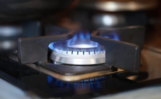 Gas burner on stove with blue fire at home closeup. Gas price regulation concept