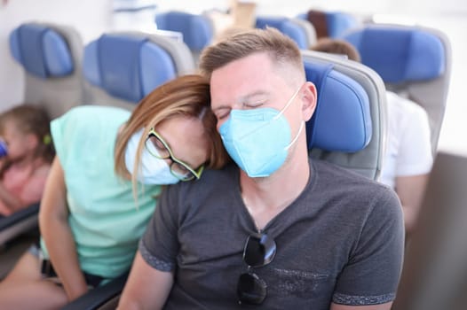 Man and woman wearing protective respirators are flying in airplane. Safe flight during covid19 pandemic concept