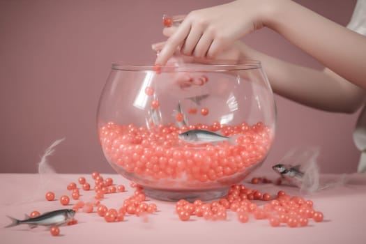 woman person of skin underwater art make-up pearl pink mother model vintage pretty fashion beauty hand face fish salmon pearl holding retro color. Generative AI.