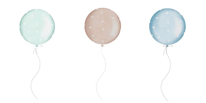 Set of watercolor balloons in pastel colors with white polka dots. For designing cards and banners for baby shower. High quality photo