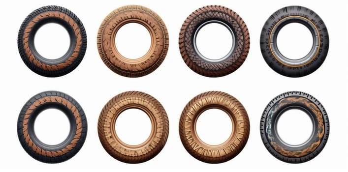 tire tread pattern equipment object isolated change drive background heap rubber disc alloy automobile auto transportation car clean wheel tyre set. Generative AI.