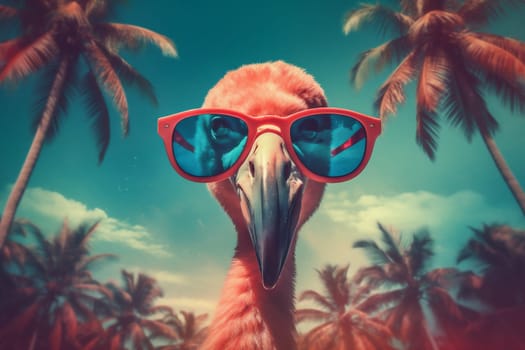 tropical vacation summer pink animal flamingo glasses sunglasses feather paradise cool hipster illustration holiday bird party ai water cartoon alcohol. Generative AI.