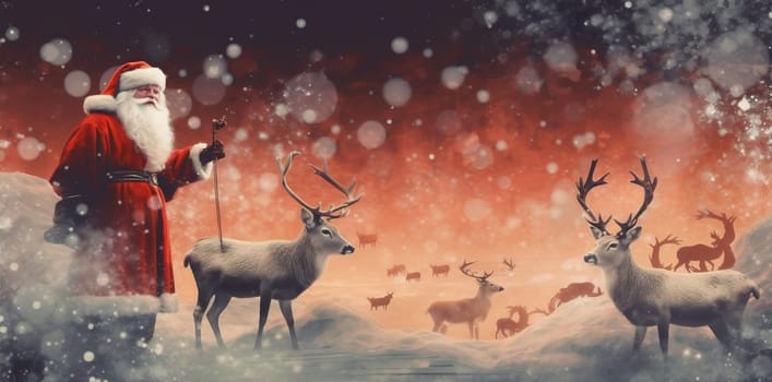 card christmas illustration greeting poster postcard reindeer snow victorian claus holiday retro banner deer santa north sleigh vintage drawing gift. Generative AI.