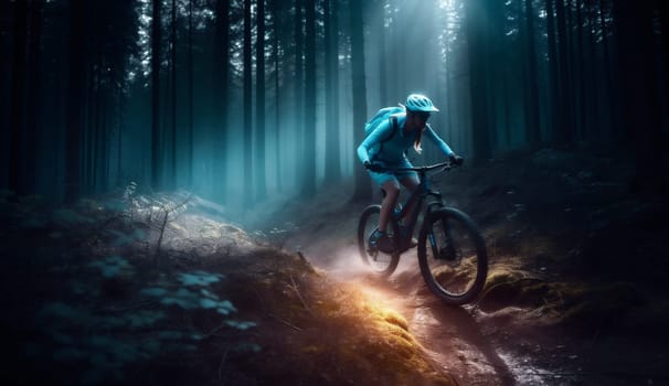 woman helmet outdoors summer female sport road walk girl sunset forest trail dark bicyclist person cycling cycle bicycle bike walking nature. Generative AI.