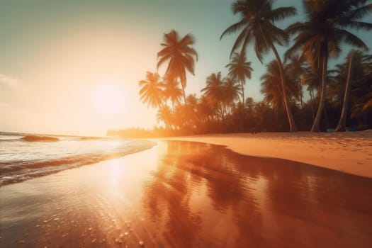 sun beach sea tree ocean sky paradise travel seascape sunset tranquil sunrise caribbean landscape palm evening leaf hawaii island silhouette. Generative AI.