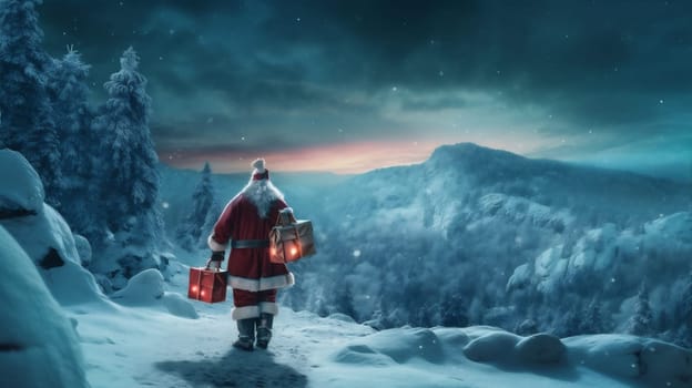 holiday man sky traditional claus christmas hiker bag santa red nature landscape costume mountain snow hiking ice season winter night. Generative AI.