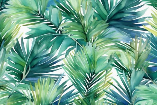 garden watercolor retro jungle color wallpaper leaf tree silhouette green seamless design background palm beach summer trendy tropical fashion botanical pattern. Generative AI.