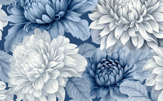 set design seamless classic flower illustration white pattern floral nature wallpaper abstract line drawing vintage blue rose spring leaf natural background. Generative AI.