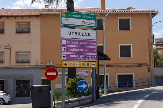 signs at the entrance to the town of utrillas, Teruel Spain