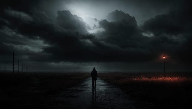 Mysterious silhouette of a man against a gloomy landscape. High quality illustration