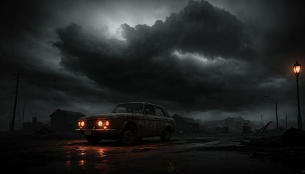 A car on a deserted gloomy road. High quality illustration