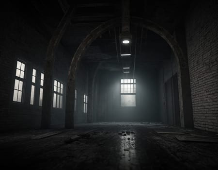 A gloomy abandoned factory. Deep and rich colors. Dynamic light