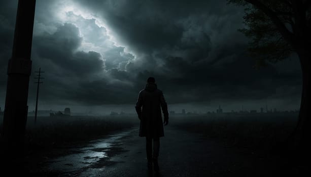 Mysterious silhouette of a man against a gloomy landscape. High quality illustration