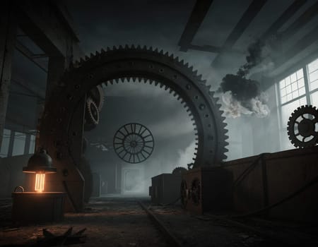 A gloomy background in the style of dystopia and steampunk. Vintage gears and mechanisms in an abandoned factory