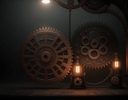 A gloomy background in the style of dystopia and steampunk. Vintage gears and mechanisms in an abandoned factory