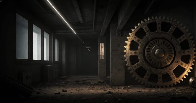 A gloomy background in the style of dystopia and steampunk. Vintage gears and mechanisms in an abandoned factory