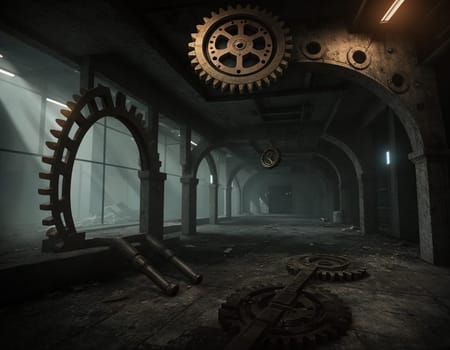 A gloomy background in the style of dystopia and steampunk. Vintage gears and mechanisms in an abandoned factory