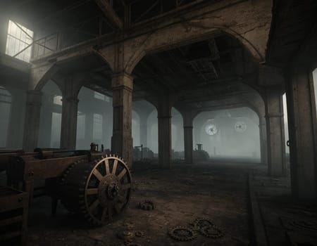 A gloomy background in the style of dystopia and steampunk. Vintage gears and mechanisms in an abandoned factory