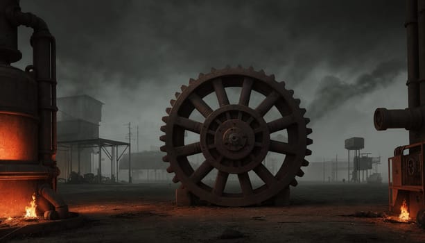 A gloomy background in the style of dystopia and steampunk. Vintage gears and mechanisms in an abandoned factory