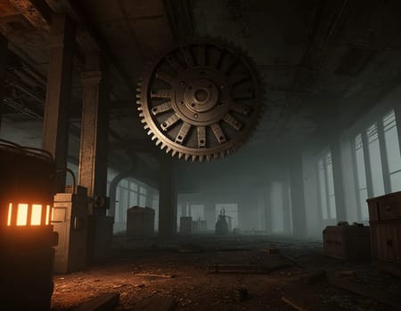 A gloomy background in the style of dystopia and steampunk. Vintage gears and mechanisms in an abandoned factory