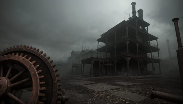 A gloomy background in the style of dystopia and steampunk. Vintage gears and mechanisms in an abandoned factory