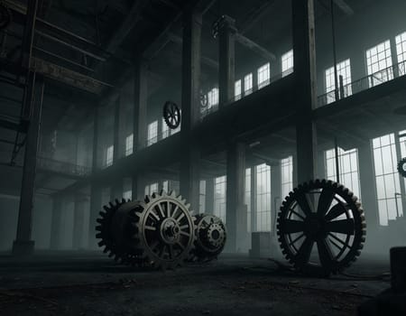 A gloomy background in the style of dystopia and steampunk. Vintage gears and mechanisms in an abandoned factory