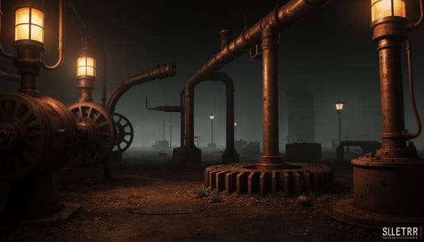 A gloomy background in the style of dystopia and steampunk. Vintage gears and mechanisms in an abandoned factory