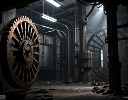 A gloomy background in the style of dystopia and steampunk. Vintage gears and mechanisms in an abandoned factory