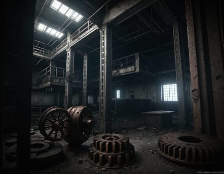 A gloomy background in the style of dystopia and steampunk. Vintage gears and mechanisms in an abandoned factory