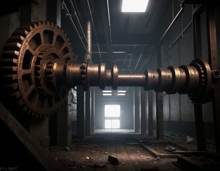 A gloomy background in the style of dystopia and steampunk. Vintage gears and mechanisms in an abandoned factory