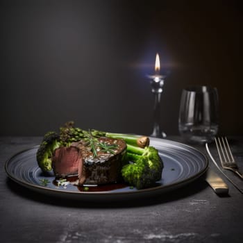 Delicious grilled juicy steak with grilled broccoli and asparagus. Generative ia