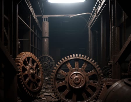 A gloomy background in the style of dystopia and steampunk. Vintage gears and mechanisms in an abandoned factory