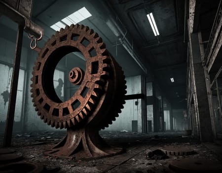 A gloomy background in the style of dystopia and steampunk. Vintage gears and mechanisms in an abandoned factory