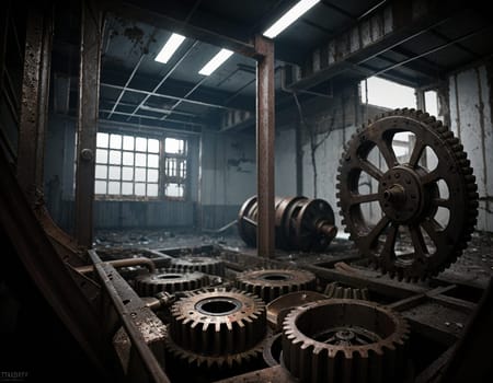 A gloomy background in the style of dystopia and steampunk. Vintage gears and mechanisms in an abandoned factory