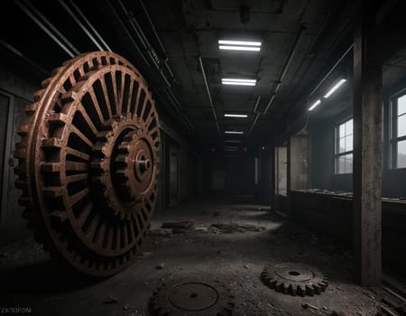 A gloomy background in the style of dystopia and steampunk. Vintage gears and mechanisms in an abandoned factory