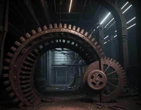 A gloomy background in the style of dystopia and steampunk. Vintage gears and mechanisms in an abandoned factory